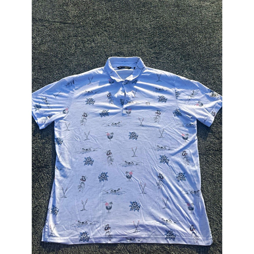 TravisMathew Men's 2XL White Graphic Tropical Hula Girl Golf Polo SS Logo Button